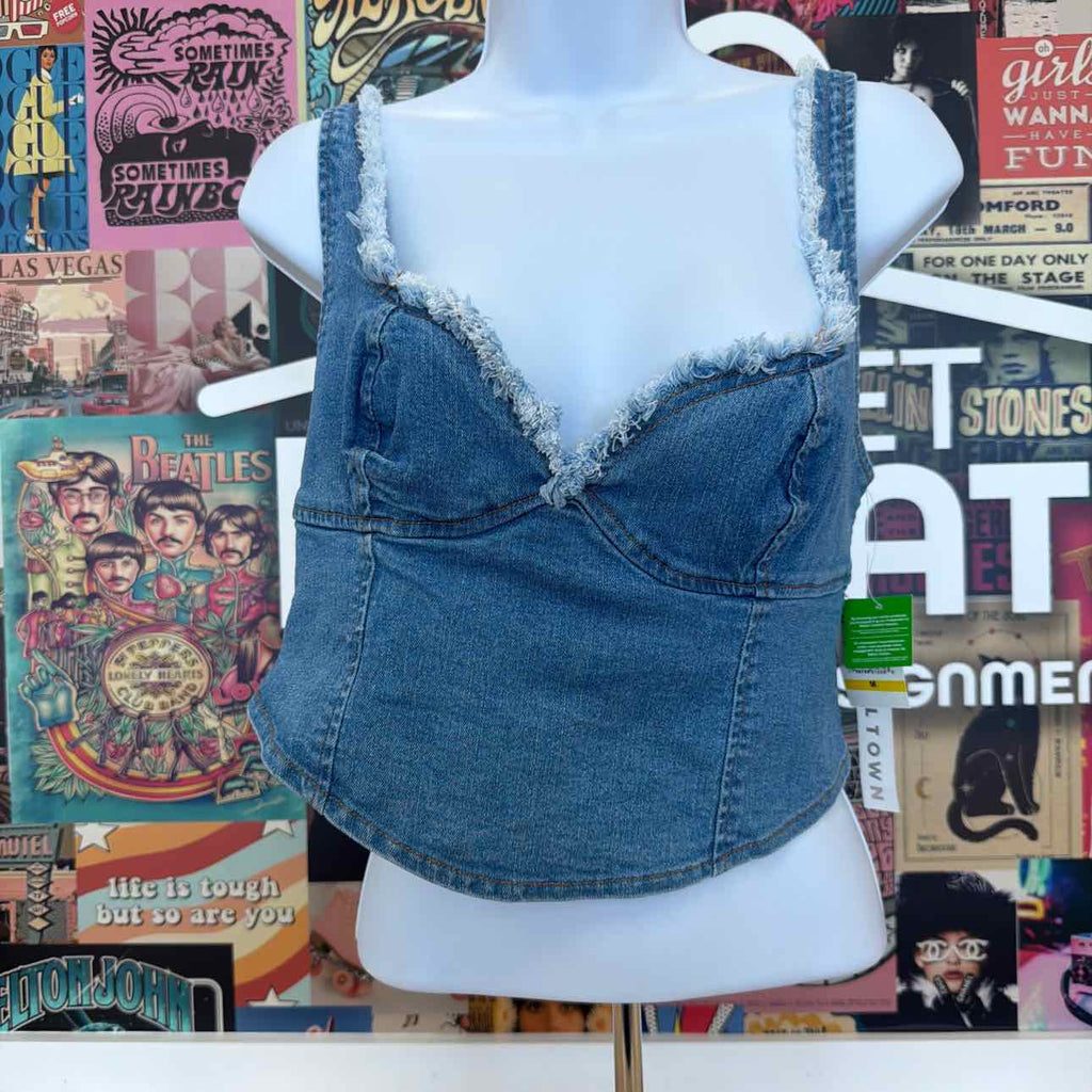 TINSELTOWN Size M Blue Fray-Trimmed Cropped Denim Corset-Style Top