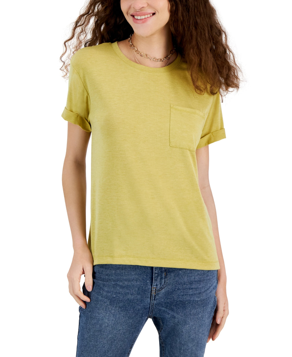 Pink Rose Juniors' Pink Rose Crewneck Pocket Tee - Mustard