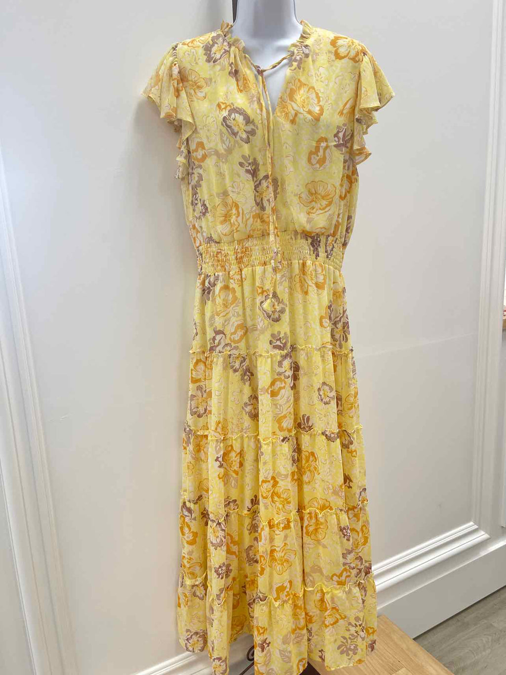 1.State Women's Tiered Floral-Print Flutter-Sleeve Maxi Dress - Lemon Meringue