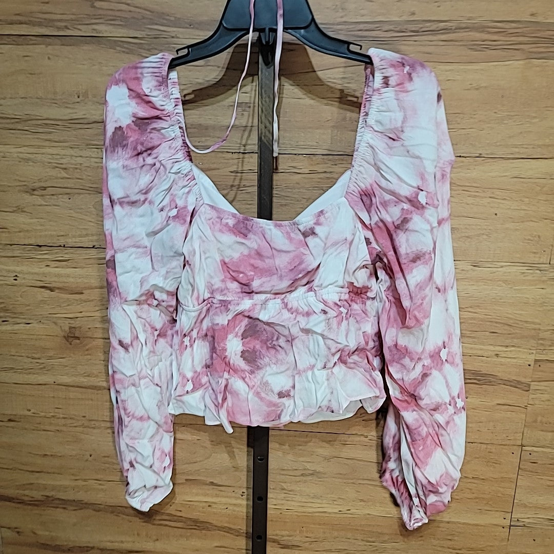 Lucy Paris Size M Pink Tie-Dye Bishop Sleeve Cropped Blouse NWT
