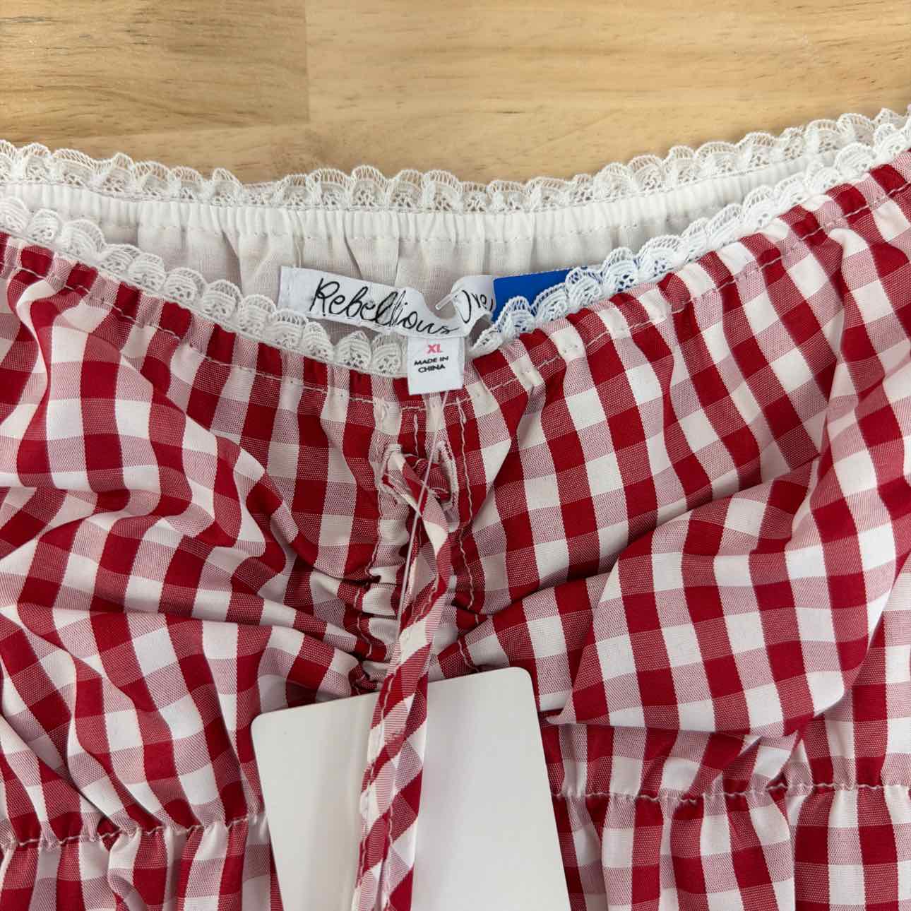 Rebellious One Size XL Gingham Shirred Strapless Top - High Risk Red