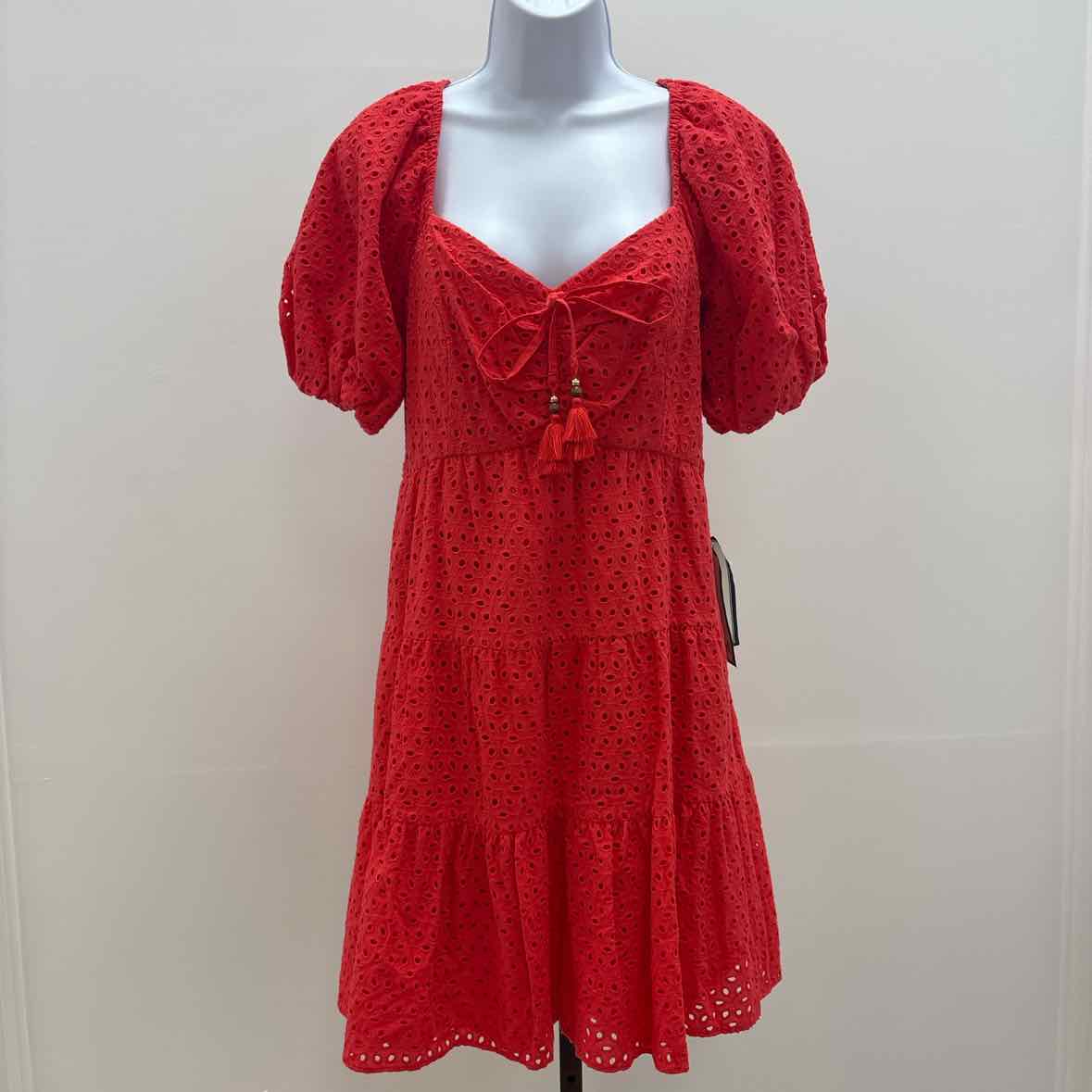 Vince Camuto Size 12 V-Neck Short-Puff-Sleeve Eyelet Dress