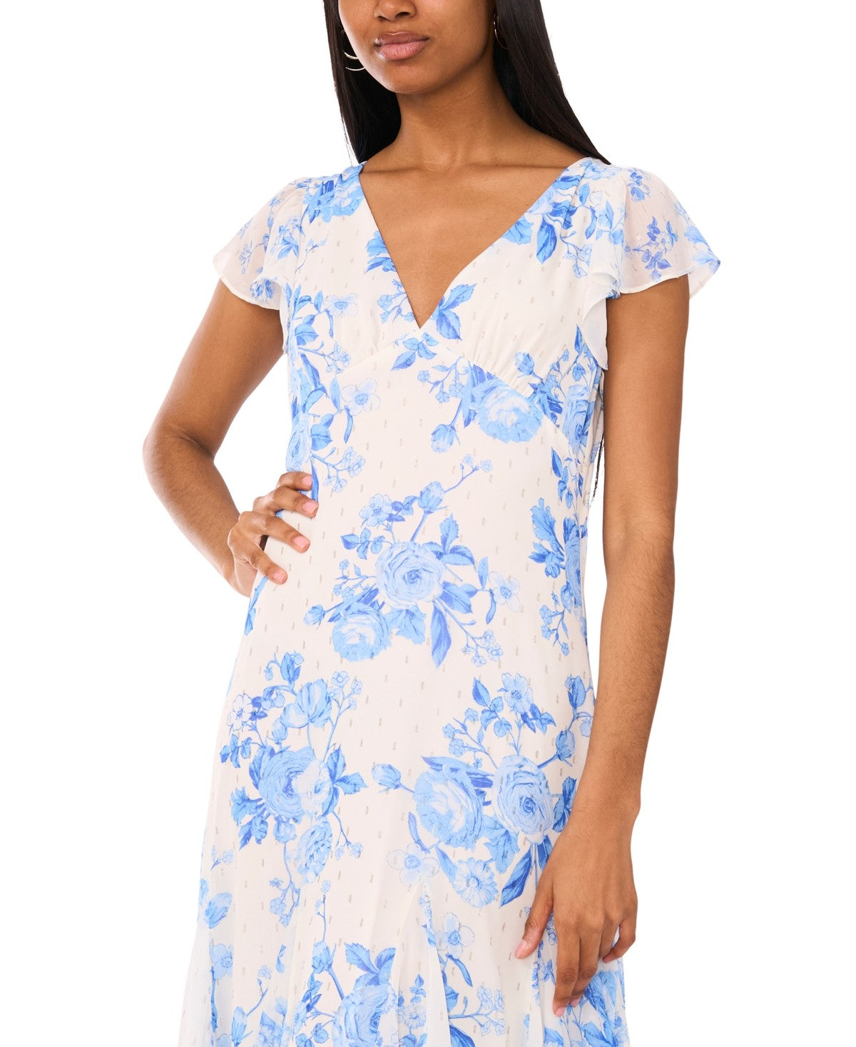 CeCe Women's Printed V-Neck Flutter-Sleeve Chiffon Dress - Blue Air