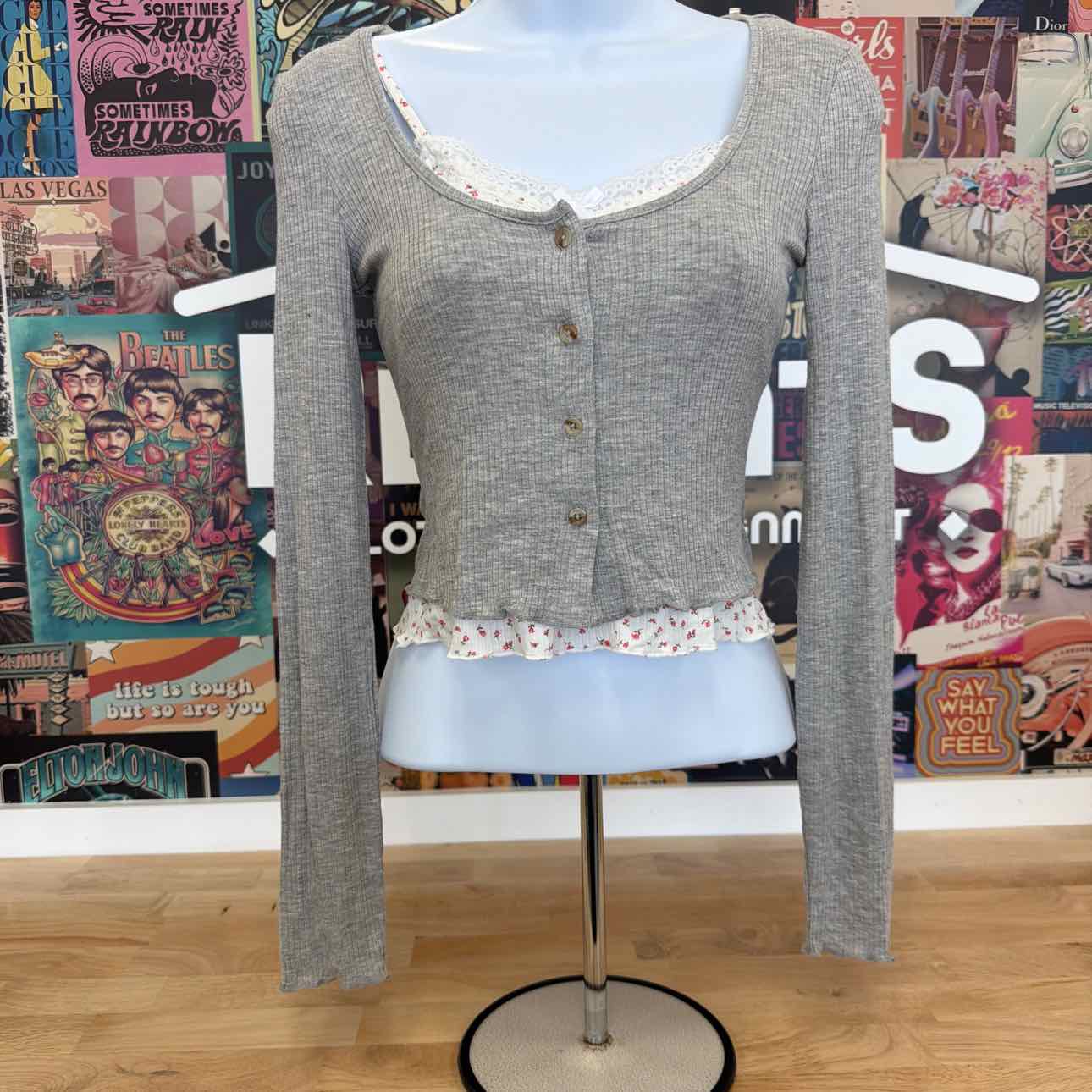 Just Polly Size S Layered-Look Long Sleeve Cardigan - Grey Ditsy