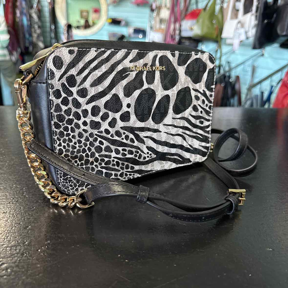 Michael Kors Logo Semi Lux Animal Print MD Camera Crossbody NWT