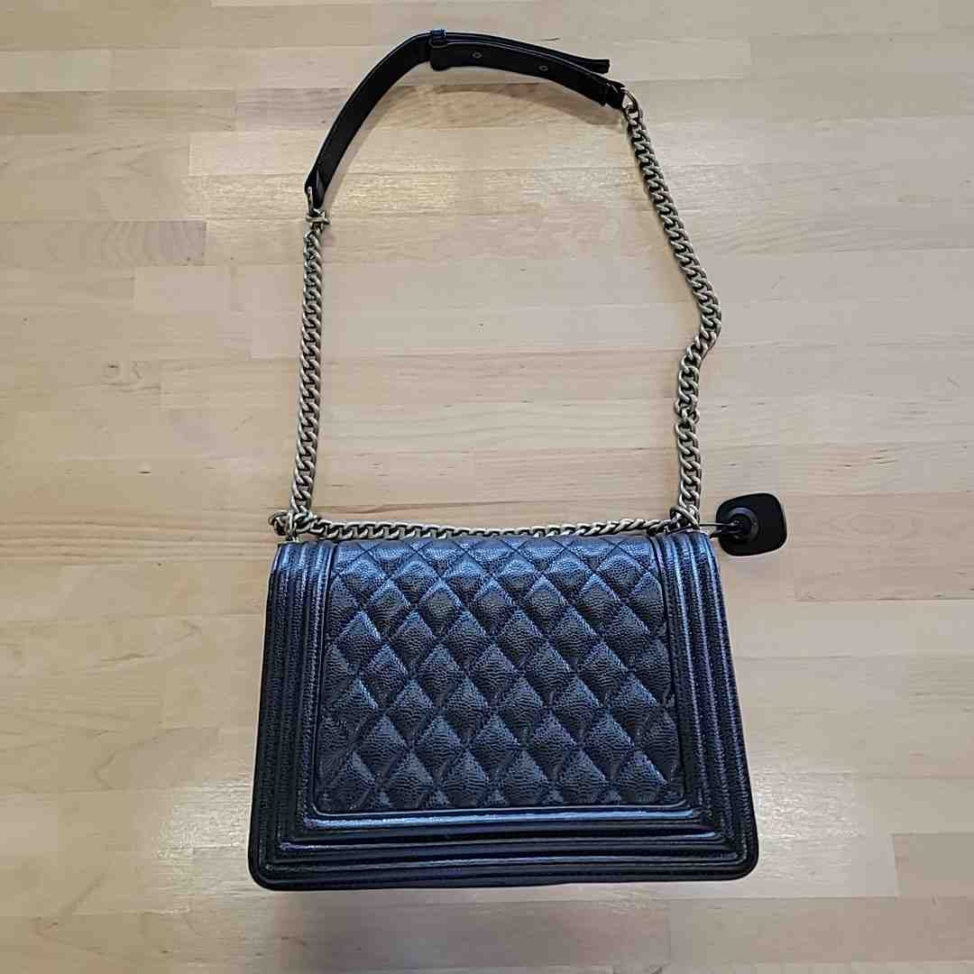 Chanel Large Boy Bag in Black Pebbled Leather with Antique Gold Tone Chain Strap