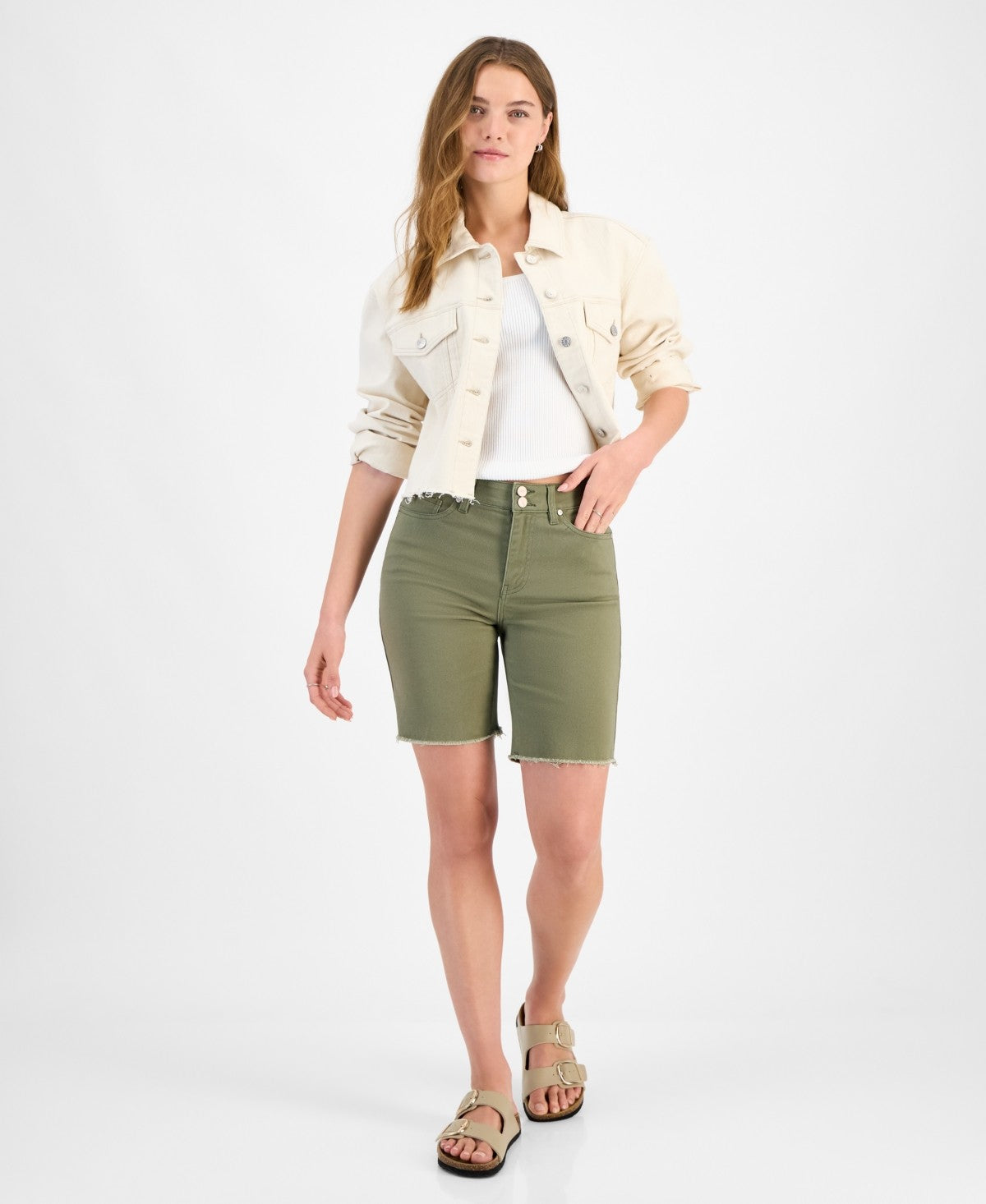 Dollhouse Juniors' High-Rise Frayed Bermuda Shorts - Green - 0