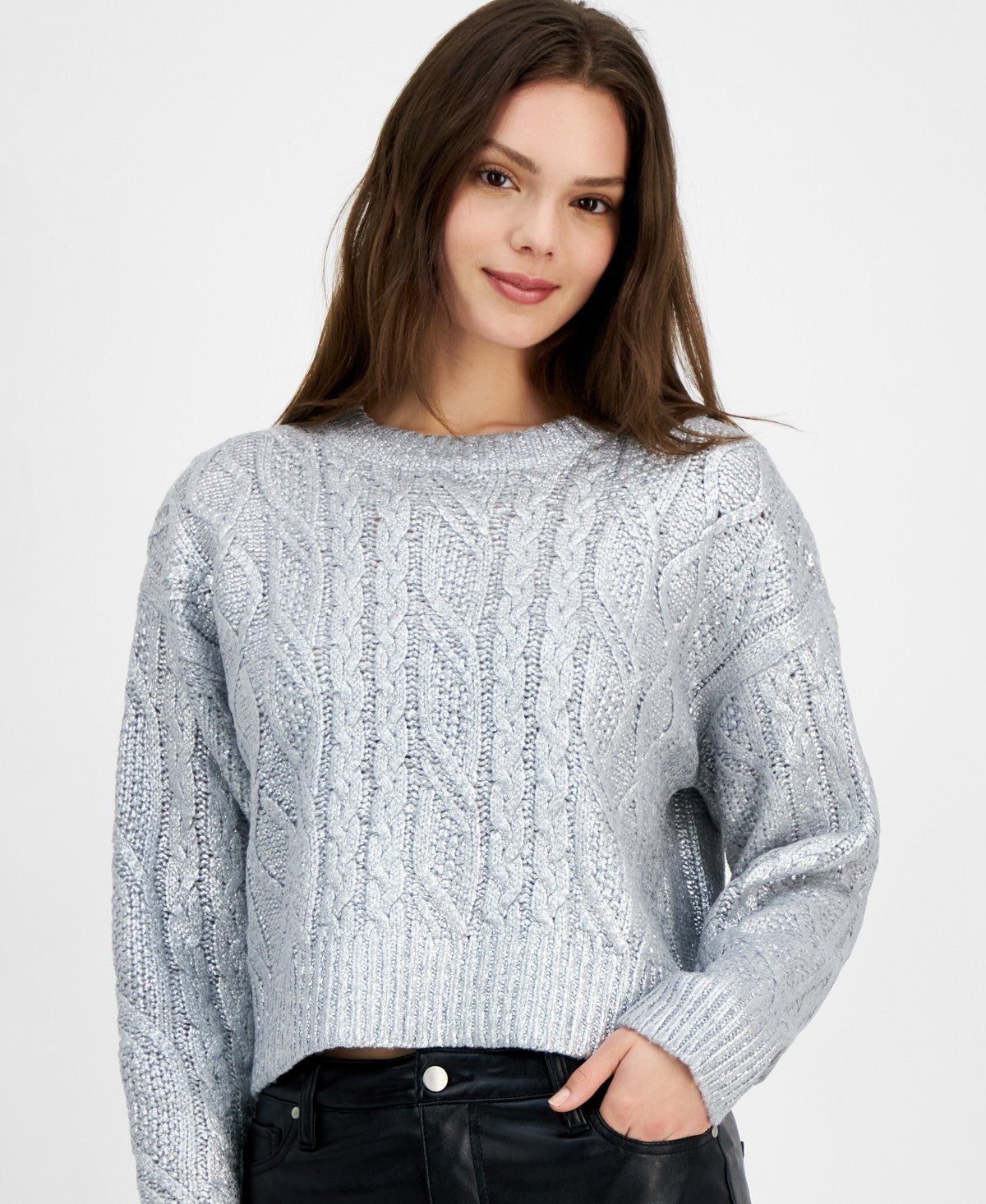 Hooked up by Iot Juniors' Shine Cable-Knit Crewneck Sweater
