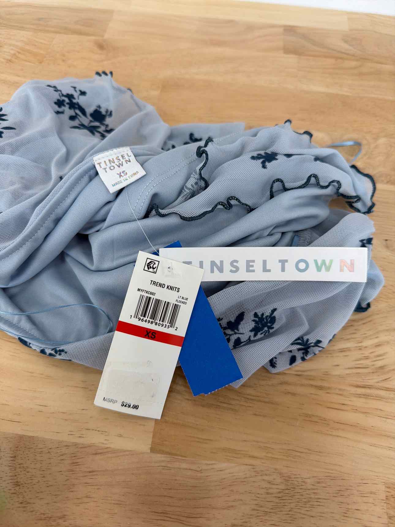 Tinseltown Juniors' Off-the-Shoulder Cropped Mesh Long Sleeve - Light Blue Flora