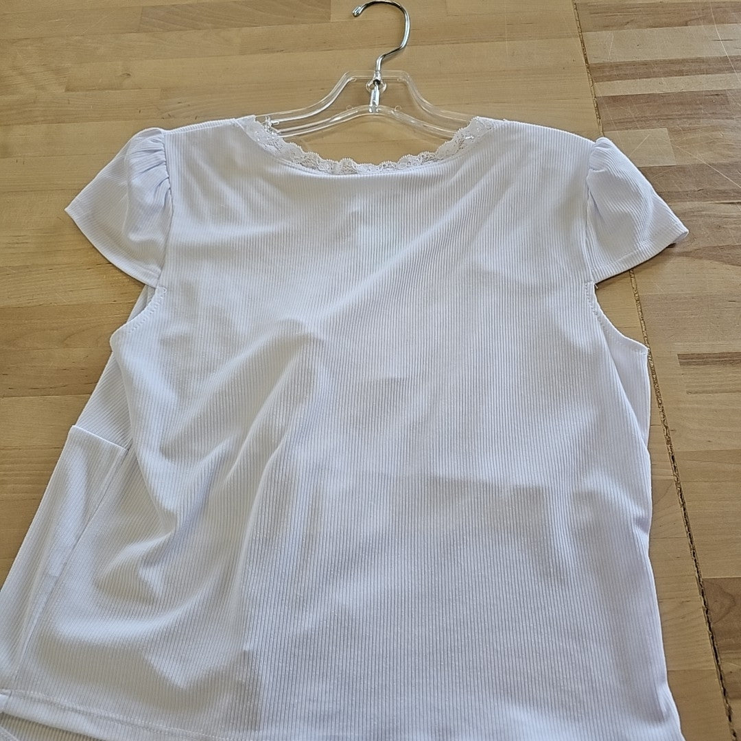 Just Polly Juniors' Lace Trimmed Tie-Front T-Shirt - White