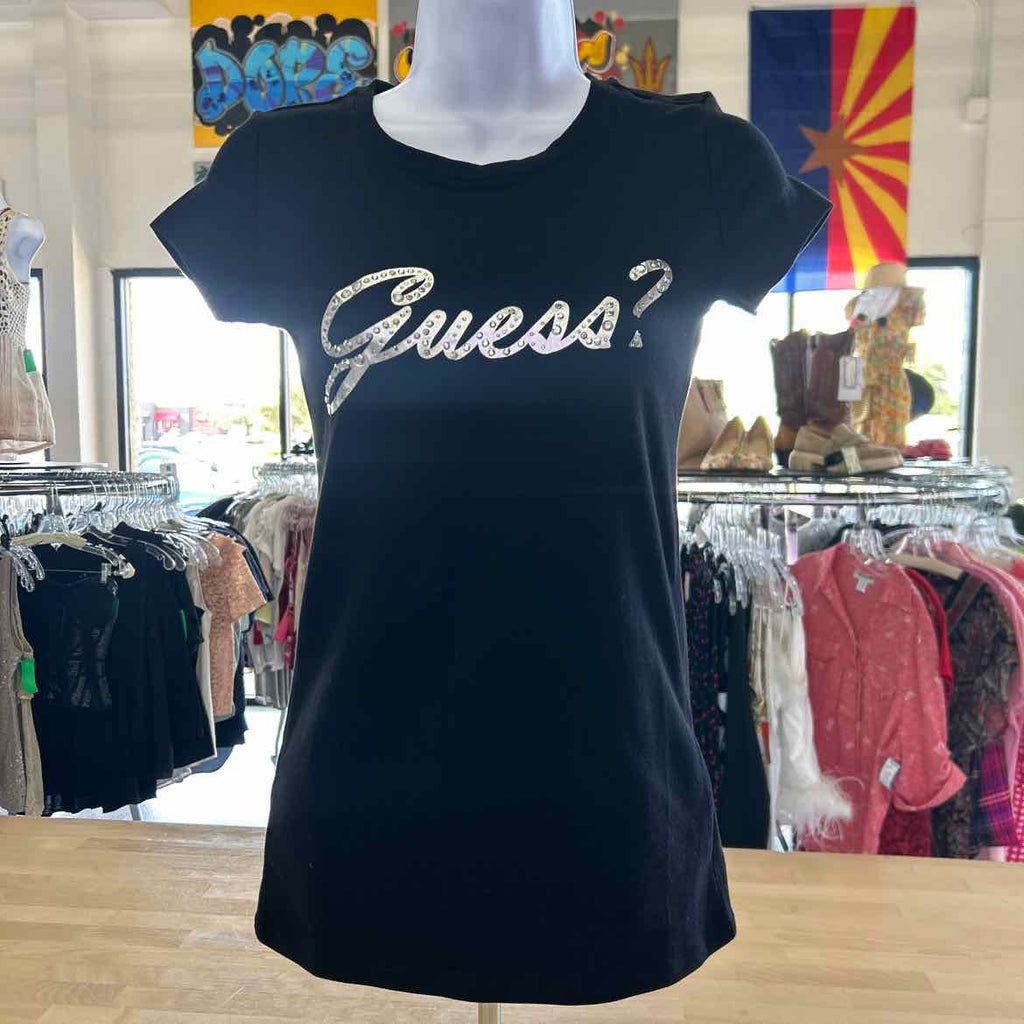 Guess Size XS Black Rhinestone Preloved T-Shirt SS