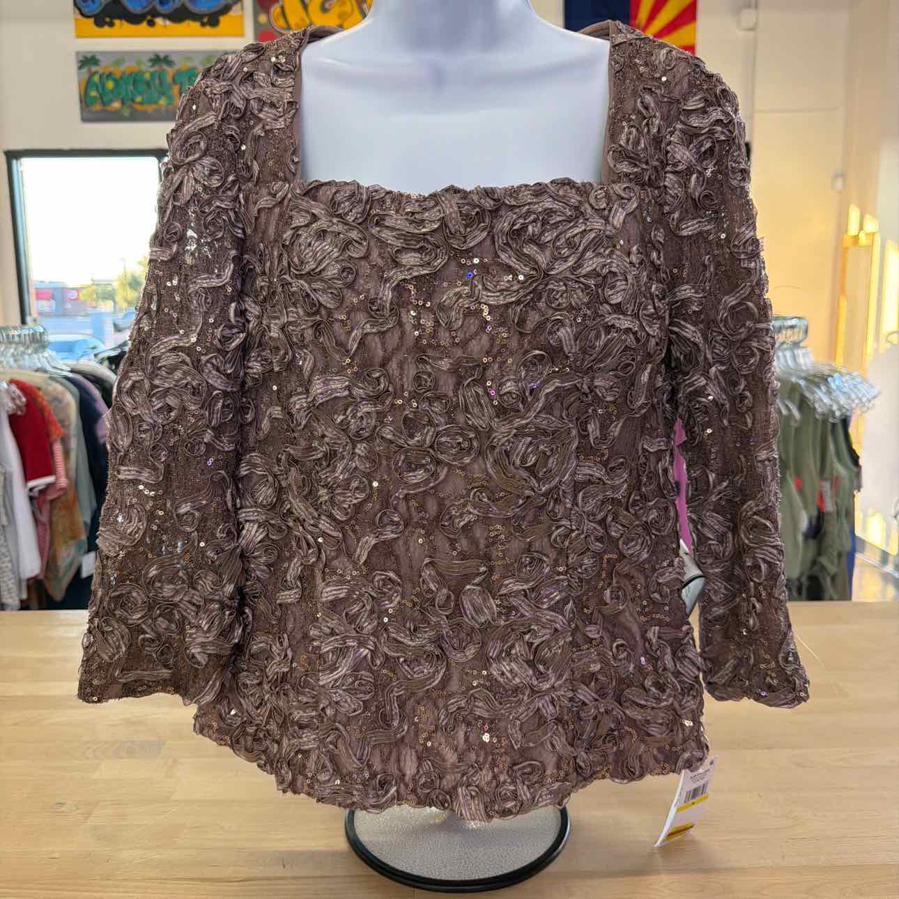 Alex Evenings Women's Soutache Lace 3/4-Sleeve Top - Mink