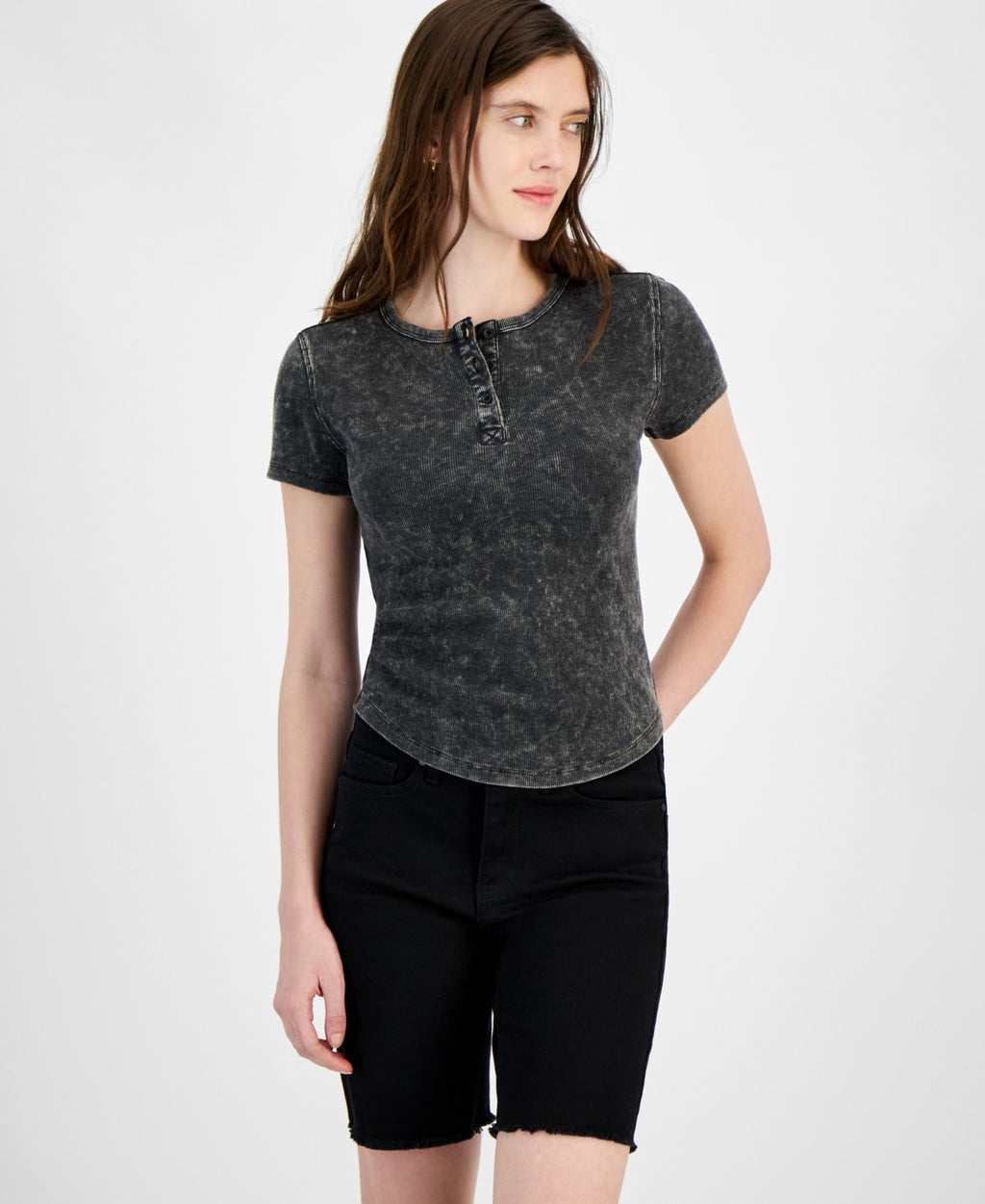 Rebellious One Juniors' Ribbed Washed Henley Tee - Black