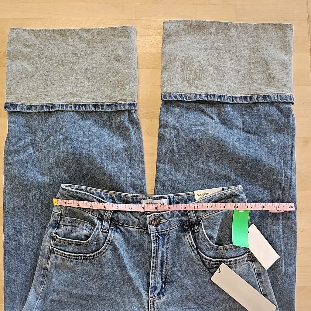 Madden Girl Juniors' High-Rise Slouchy Wide-Leg Cuffed Jeans - Medium Wash - 5