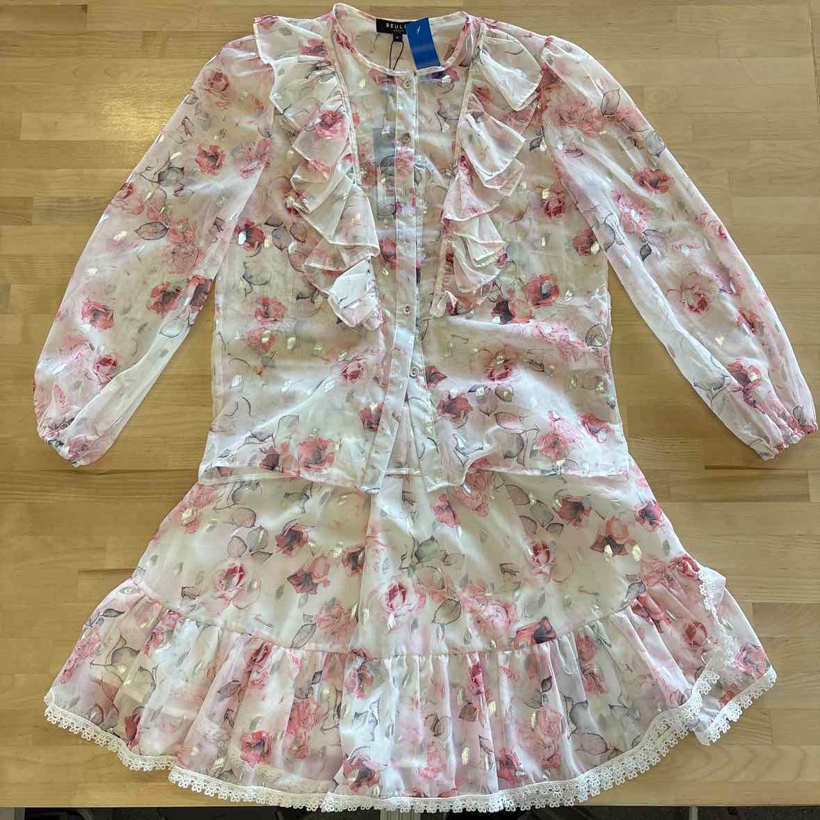 Beulah Size M Pink Print 2 pc Cascade Ruffle Neck Bishop Sleeve Top & Skirt NWT