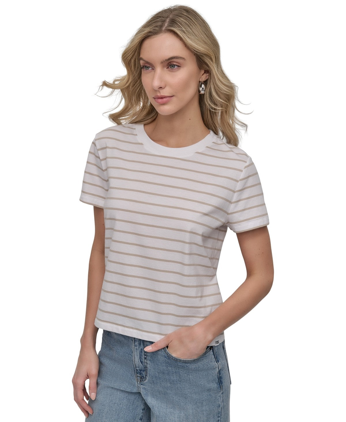 Dkny Jeans Petite Striped Crewneck T-Shirt - White/Pebble