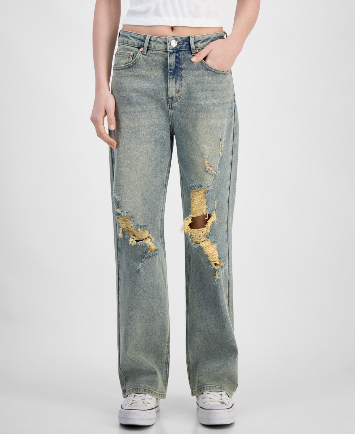 Madden Girl Juniors' Super High Rise Distressed 90s Wide Leg Jeans - Tinted Wash