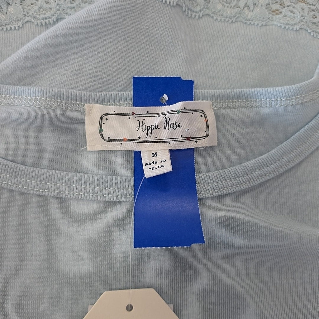 hippie rose Size M Lace-Trim Short-Sleeve Crewneck Tee - Baby Blue