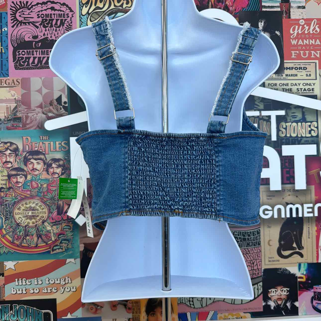 TINSELTOWN Size L Blue Fray-Trimmed Cropped Denim Corset-Style Top