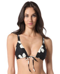 Vince Camuto Size L Printed Tie-Front V-Neck Bikini Top - Black