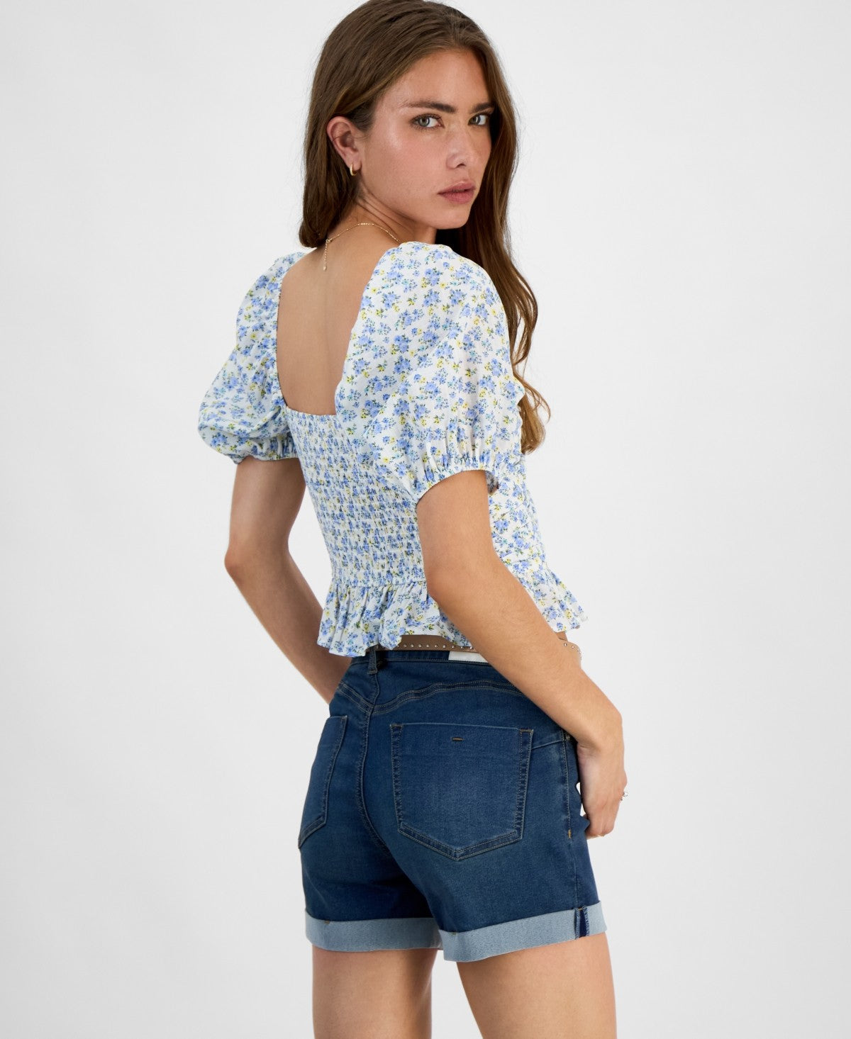 Kingston Grey Juniors' Printed Sweetheart-Neck Puff-Sleeve Top - Ivory/Blue
