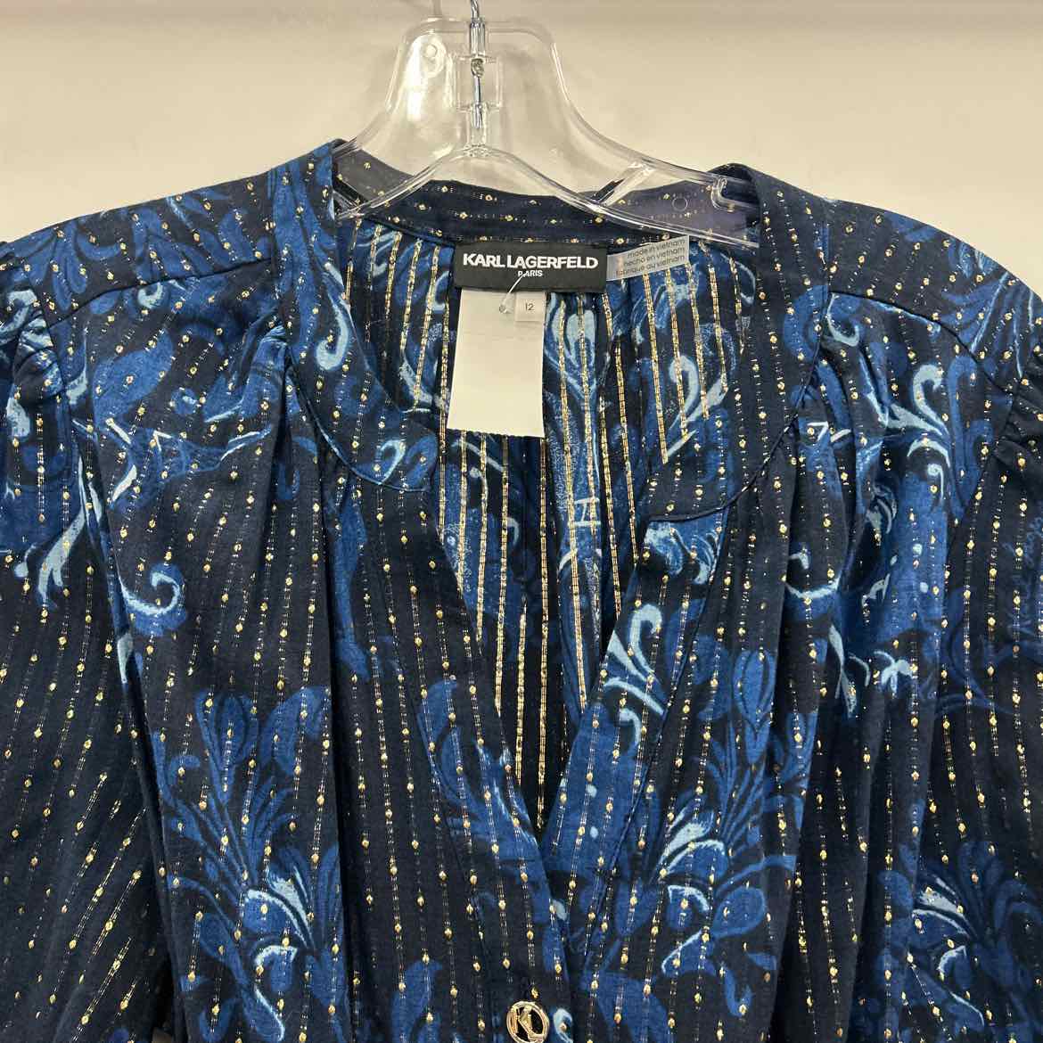 Karl Lagerfeld Paris Women's Printed Tiered Belted Dress - Navy Multi - Size 12