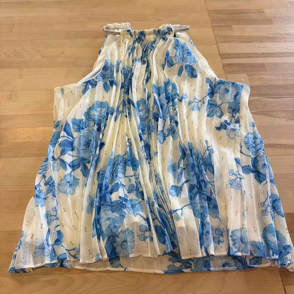 MKS Size XL Floral-Print Pleated-Chiffon Halter Top - Airy Blue NWT