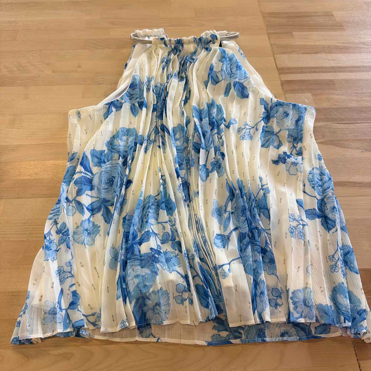 MKS Size XL Floral-Print Pleated-Chiffon Halter Top - Airy Blue NWT