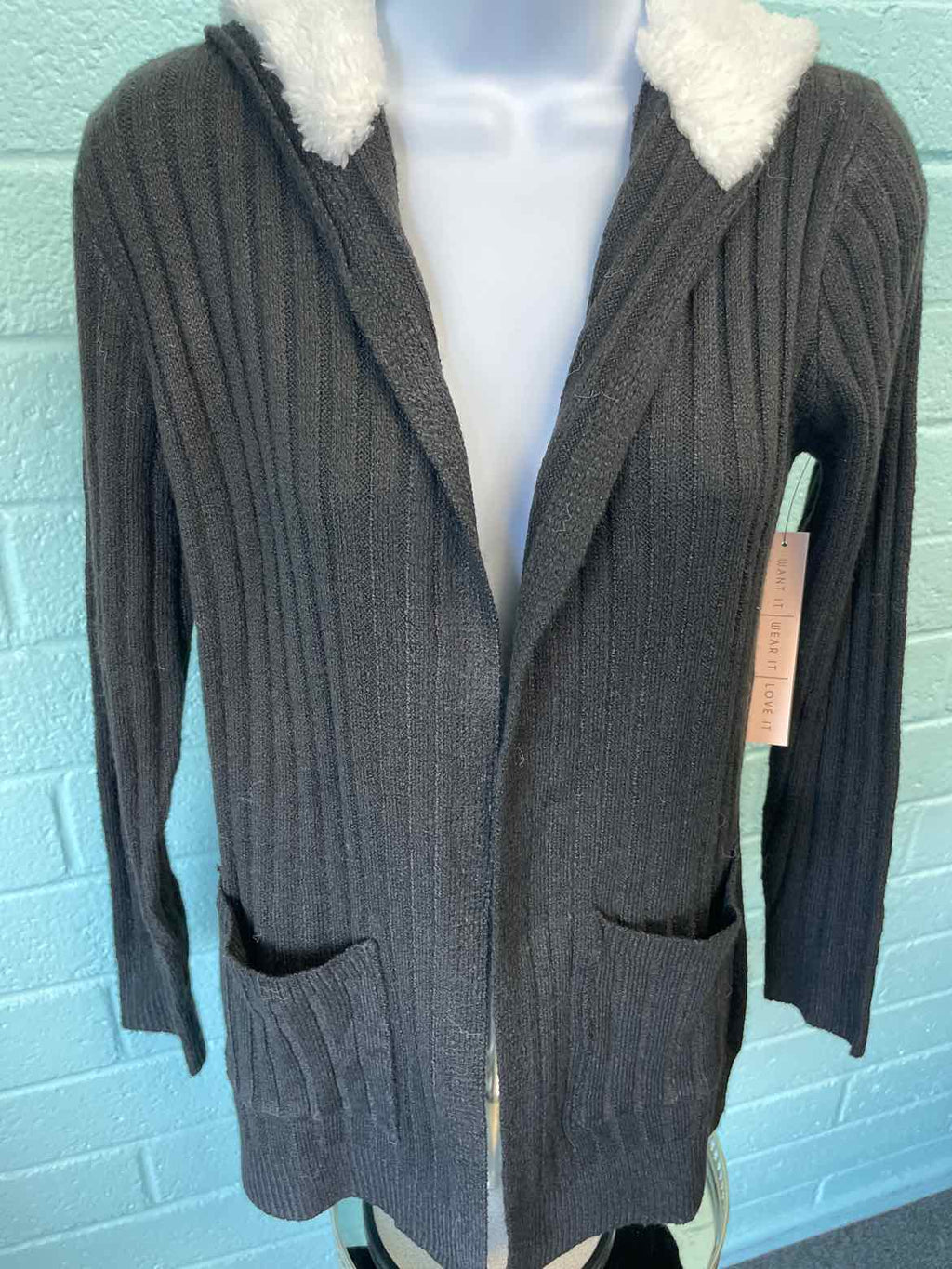 Fame Size XS Cozy Knit Sherpa Trim Cardigan - Black