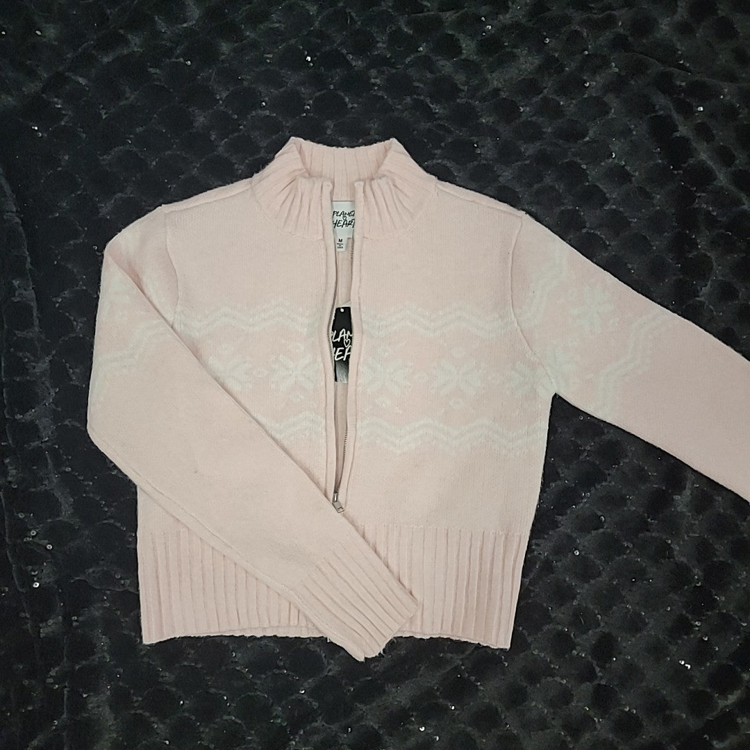 Planet Heart Size M Pink Fair Isle Zip-Front Sweater