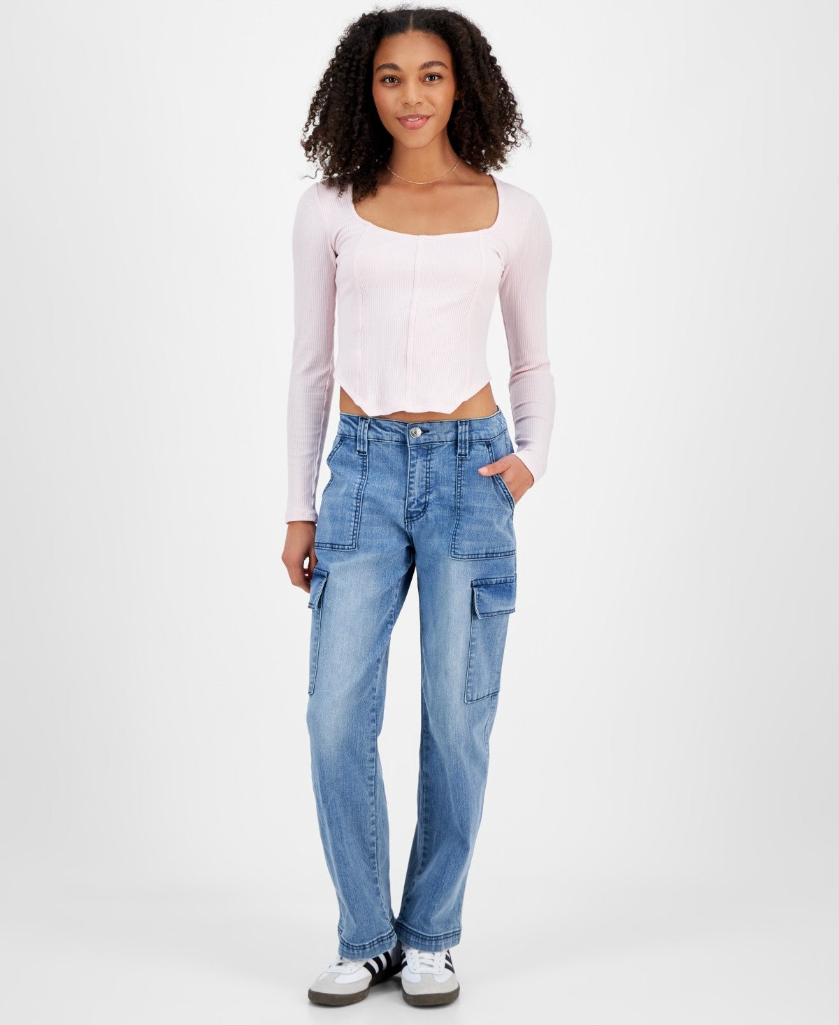 Madden Girl Size L Wide-Leg Cargo Skater Jeans - Medium Wash