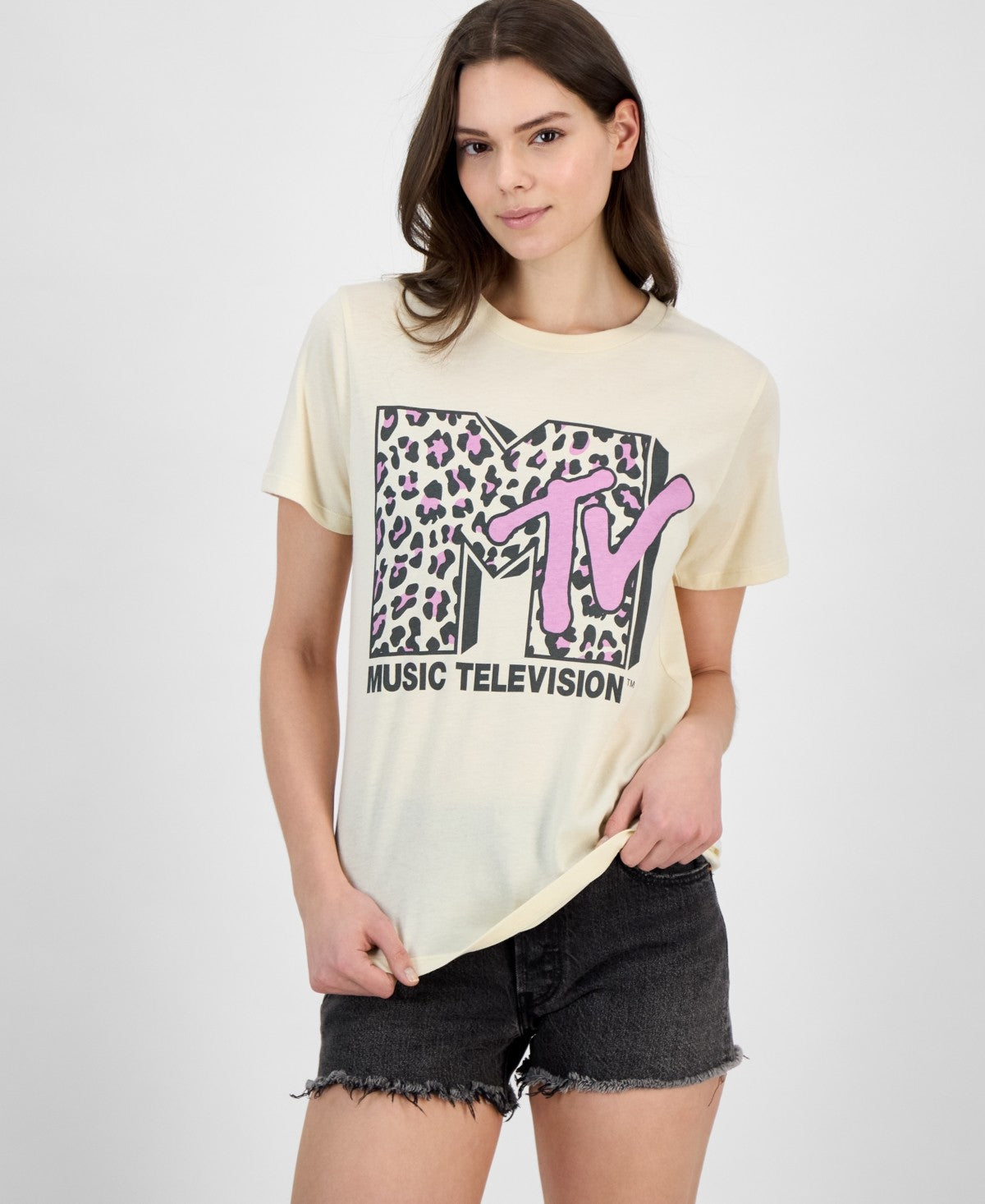 MTV Size XS Leopard Mtv Graphic Print T-Shirt - Beige