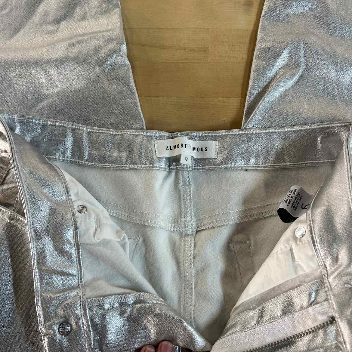 Almost Famous Size 9 Metallic Coated Straight-Leg Pants - Metallic