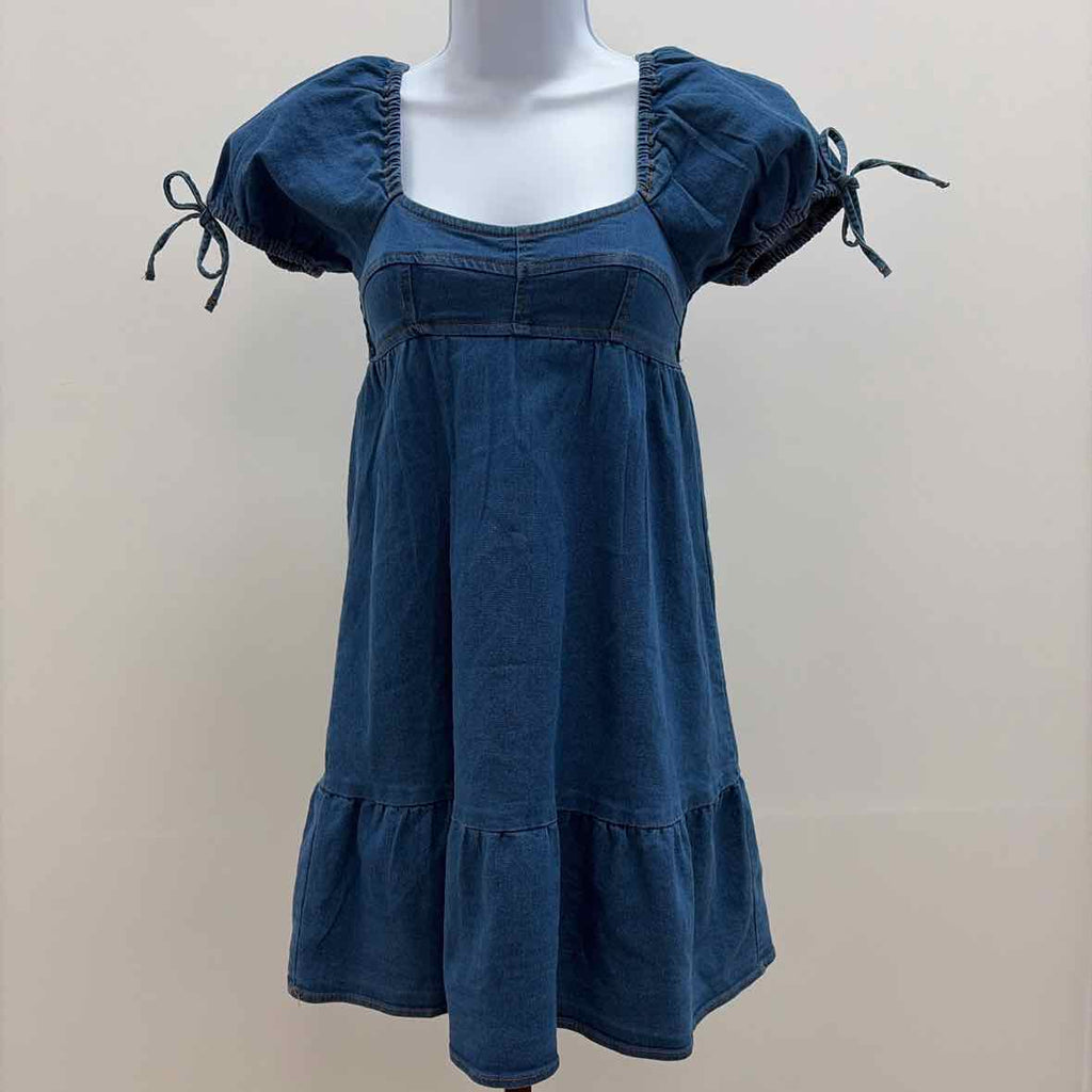 Planet Heart Size S Juniors' Denim Puff-Sleeve Mini Dress - Mid Blue Wash