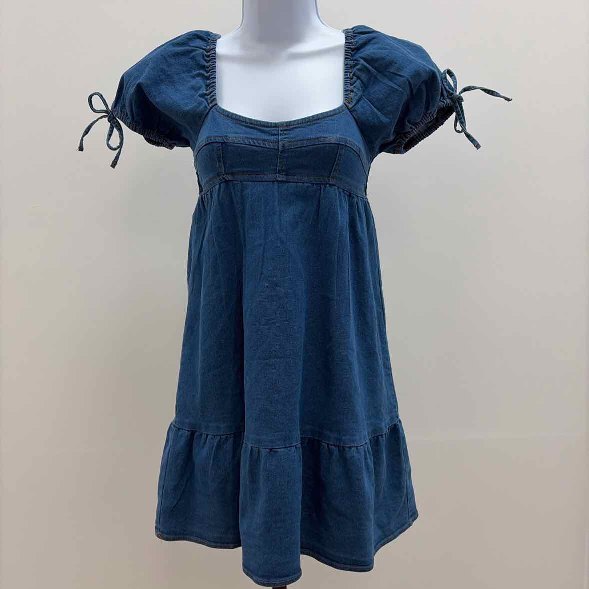Planet Heart Size S Juniors' Denim Puff-Sleeve Mini Dress - Mid Blue Wash