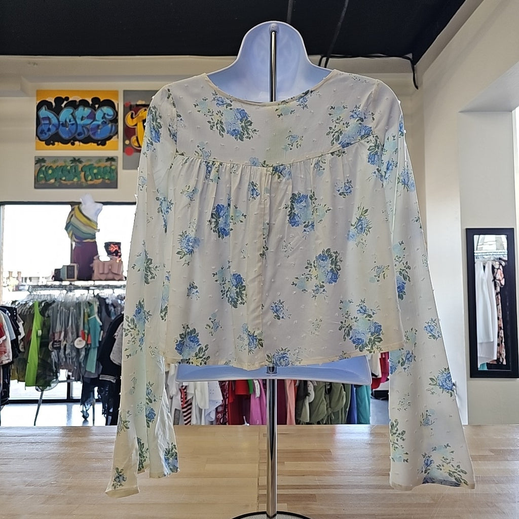 Juniors Self Esteem Floral Gauze Yoke Bell Sleeve Blouse