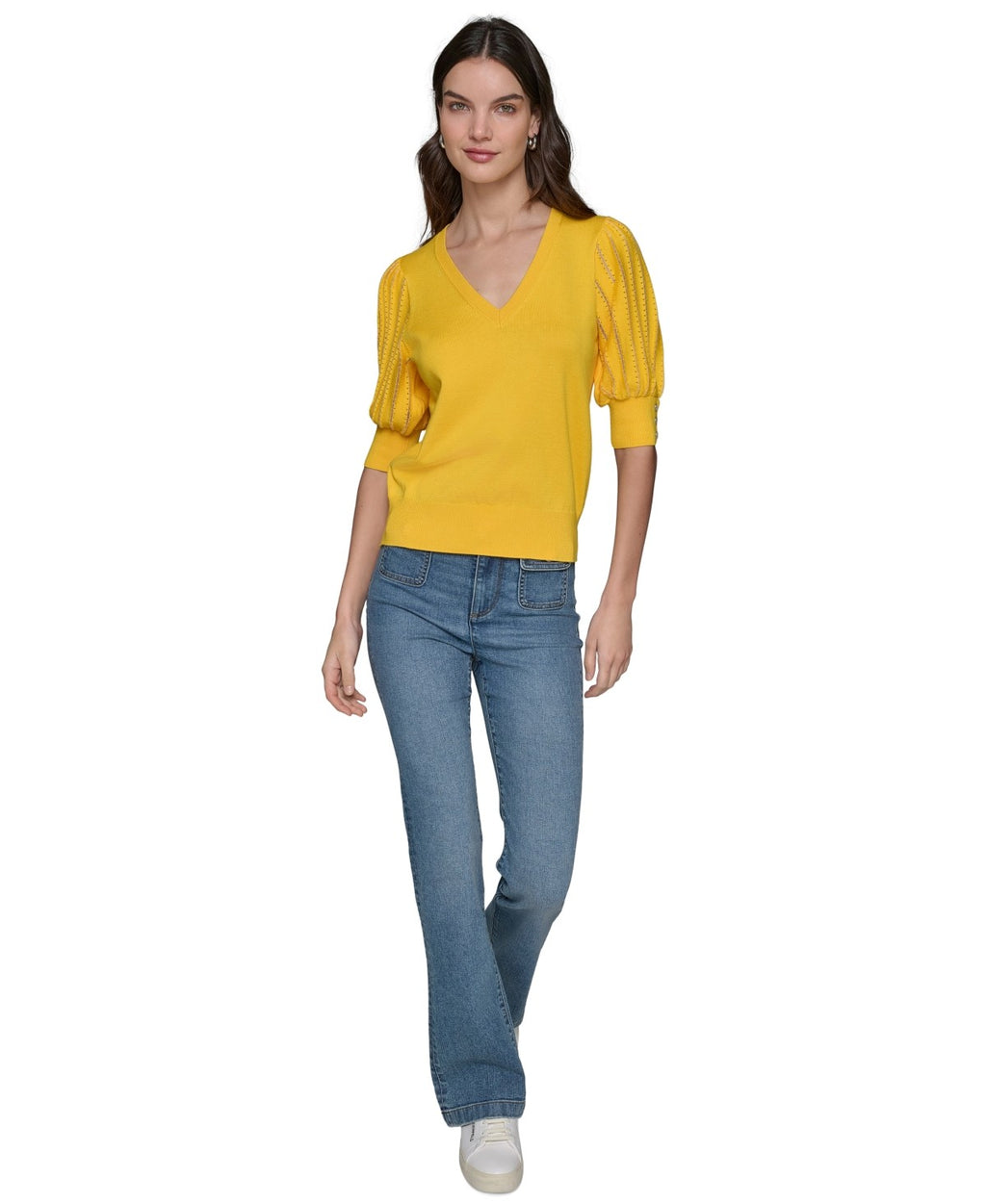 Karl Lagerfeld Paris Women's Puffed-Sleeve V-Neck Sweater - Daffodil