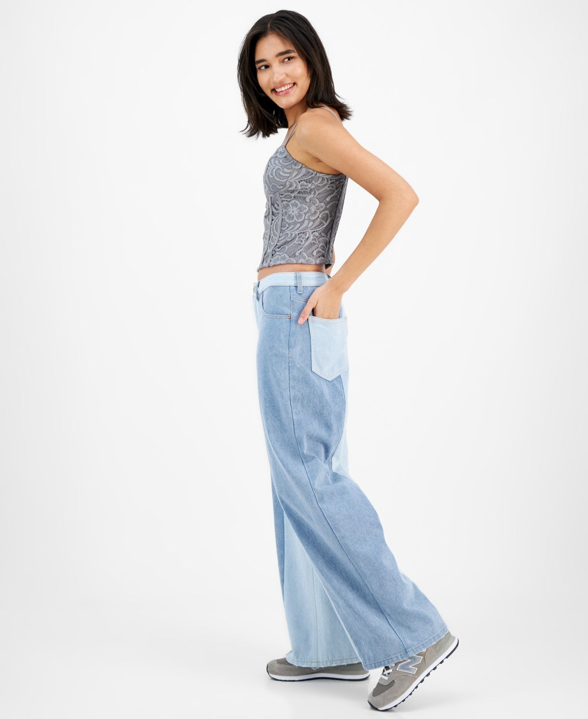 Tinseltown Juniors' High-Rise Wide-Leg Colorblocked Jeans - Med/light Colorblock