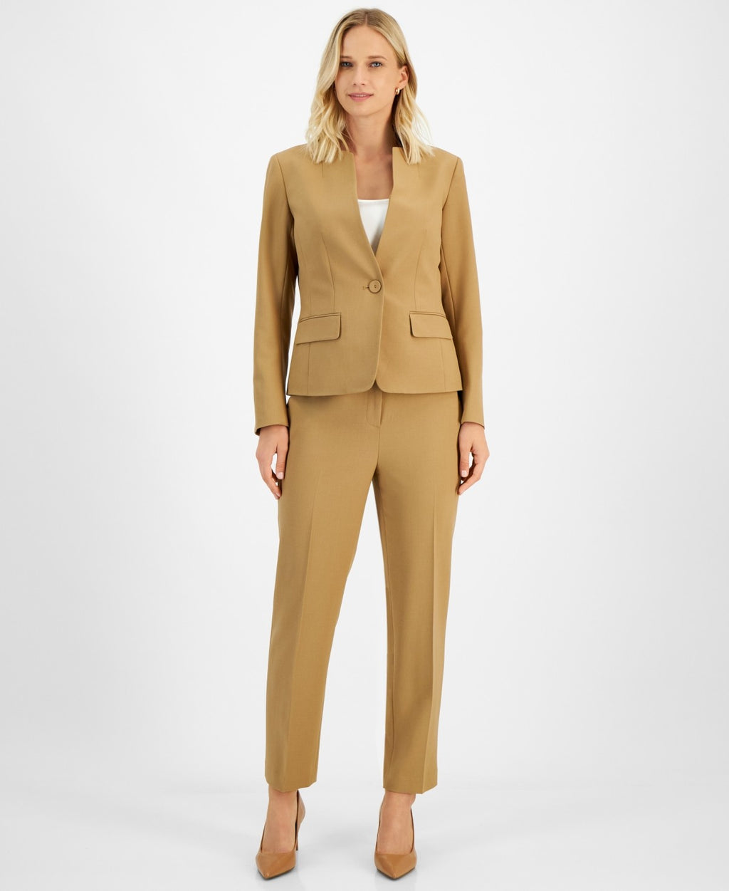 Le Suit Women's Stand-Collar One-Button Pantsuit, Regular & Petite - Camel