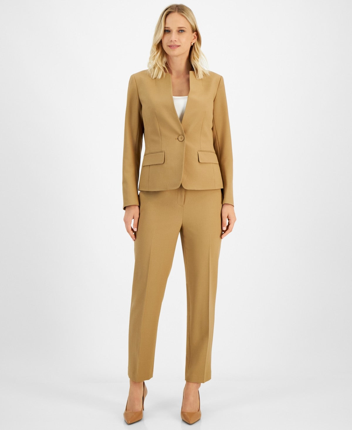 Le Suit Women's Stand-Collar One-Button Pantsuit, Regular & Petite - Camel