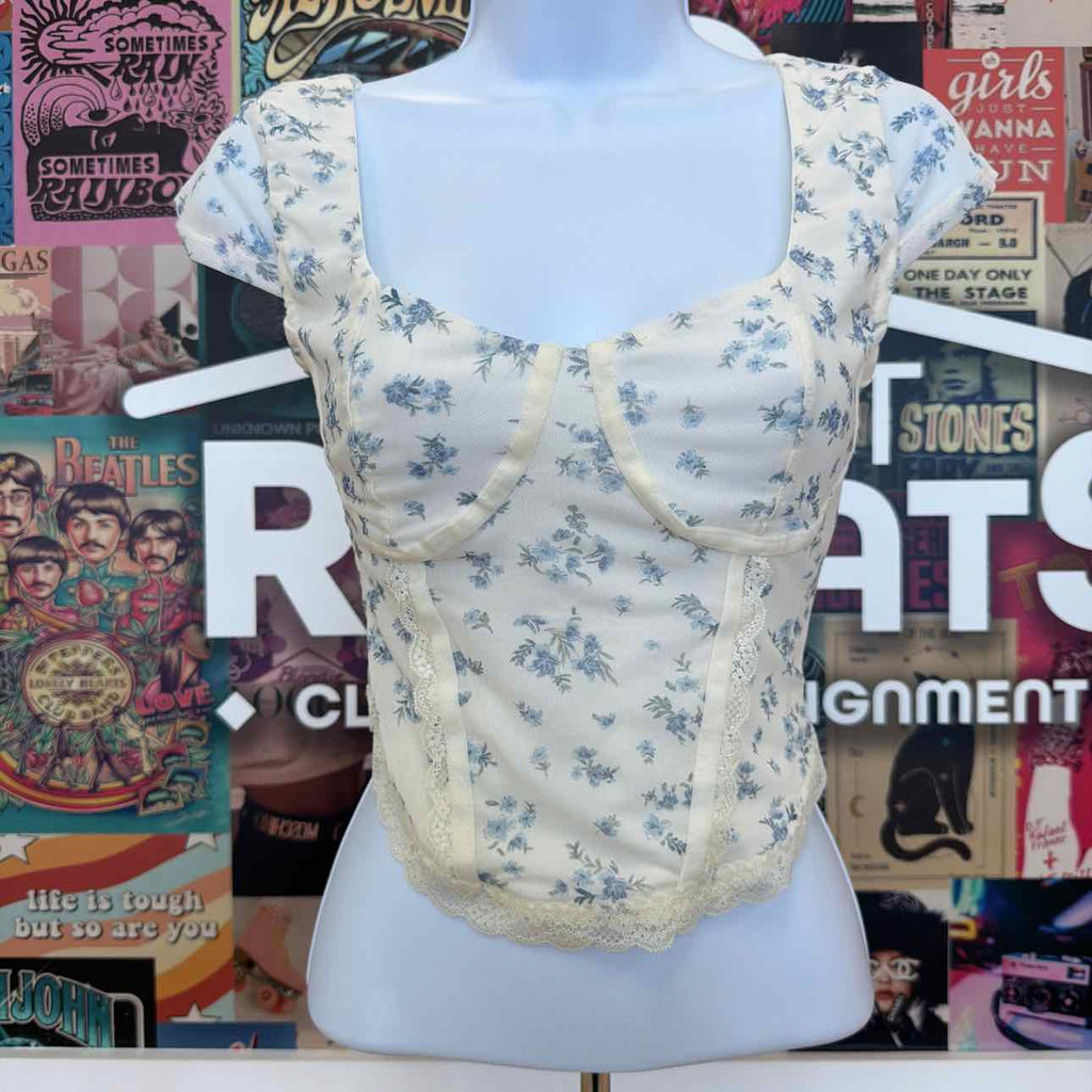 hippie rose Size XS Corset Short-Sleeve Mesh Top - White Floral