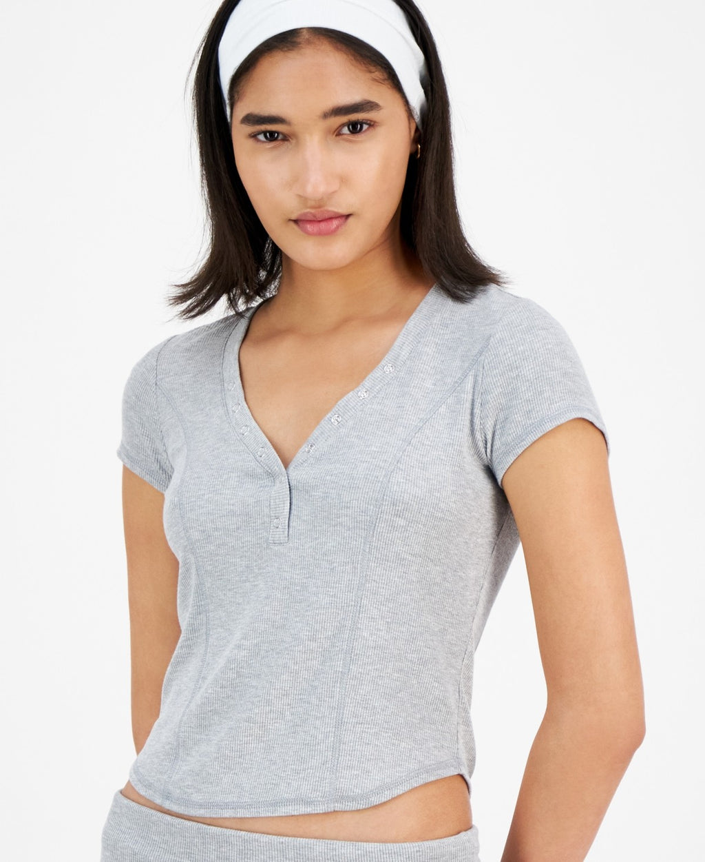 ultra flirt Size S Ribbed Cropped Henley Short Sleeve