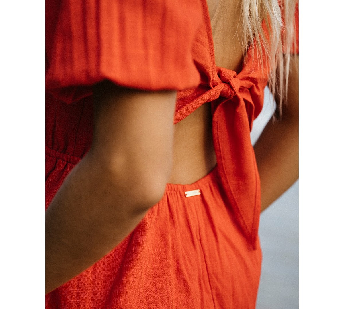 billabong Size L Love Fade Puff-Sleeve Cotton Maxi Dress - Sunset Red