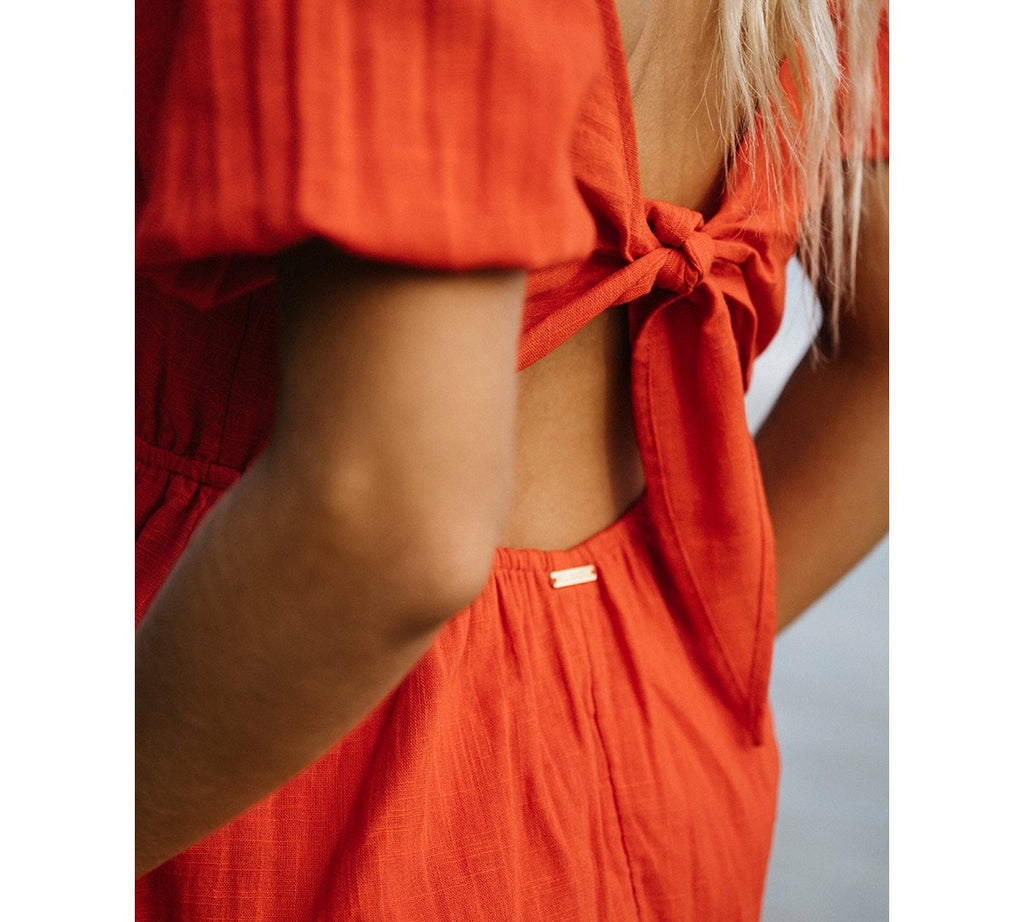 billabong Size M Love Fade Puff-Sleeve Cotton Maxi Dress - Sunset Red