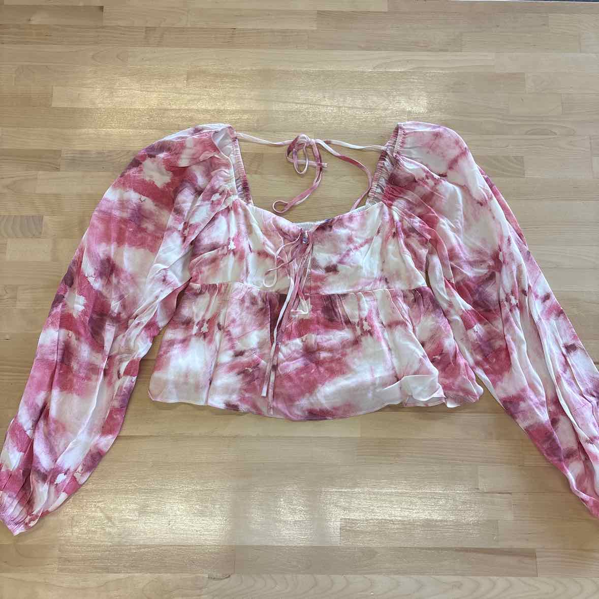 Lucy Paris Size S Pink Print Tie-Dye Bishop Sleeve Cropped  Blouse NWT