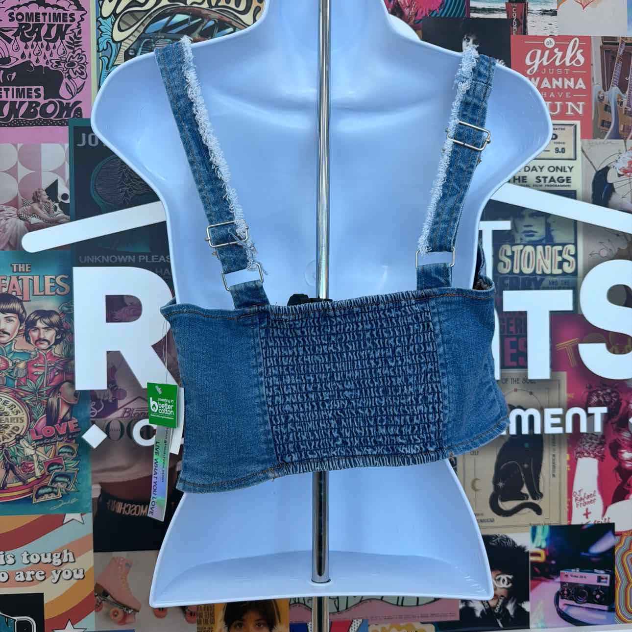 TINSELTOWN Size M Blue Fray-Trimmed Cropped Denim Corset-Style Top