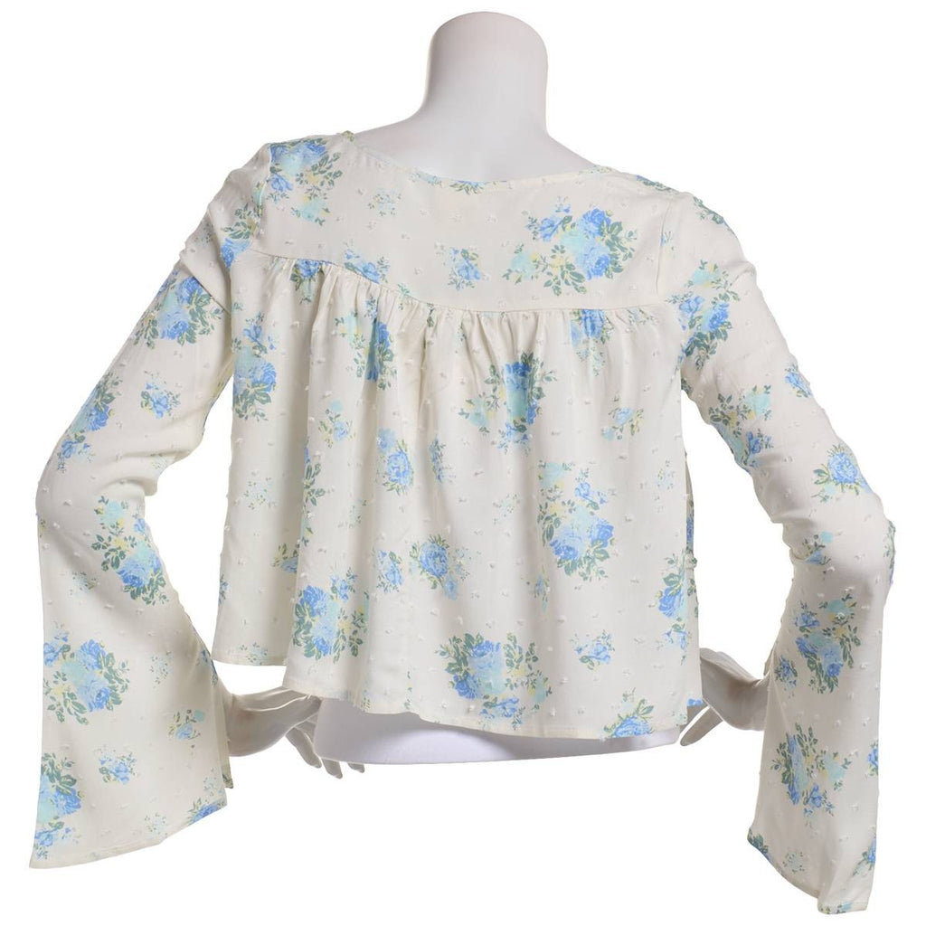 Juniors Self Esteem Floral Gauze Yoke Bell Sleeve Blouse