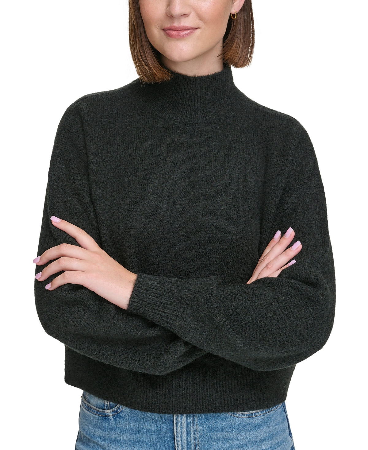 Calvin Klein Size L Boxy Cropped Long Sleeve Mock Neck Sweater - Black