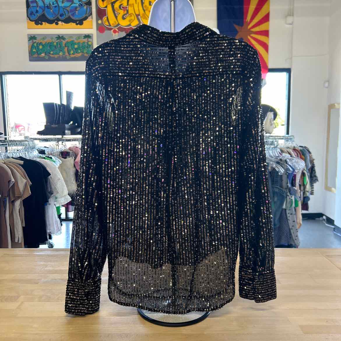 Anthropologie Size S Black Gold Sequined Preloved Button Down LS