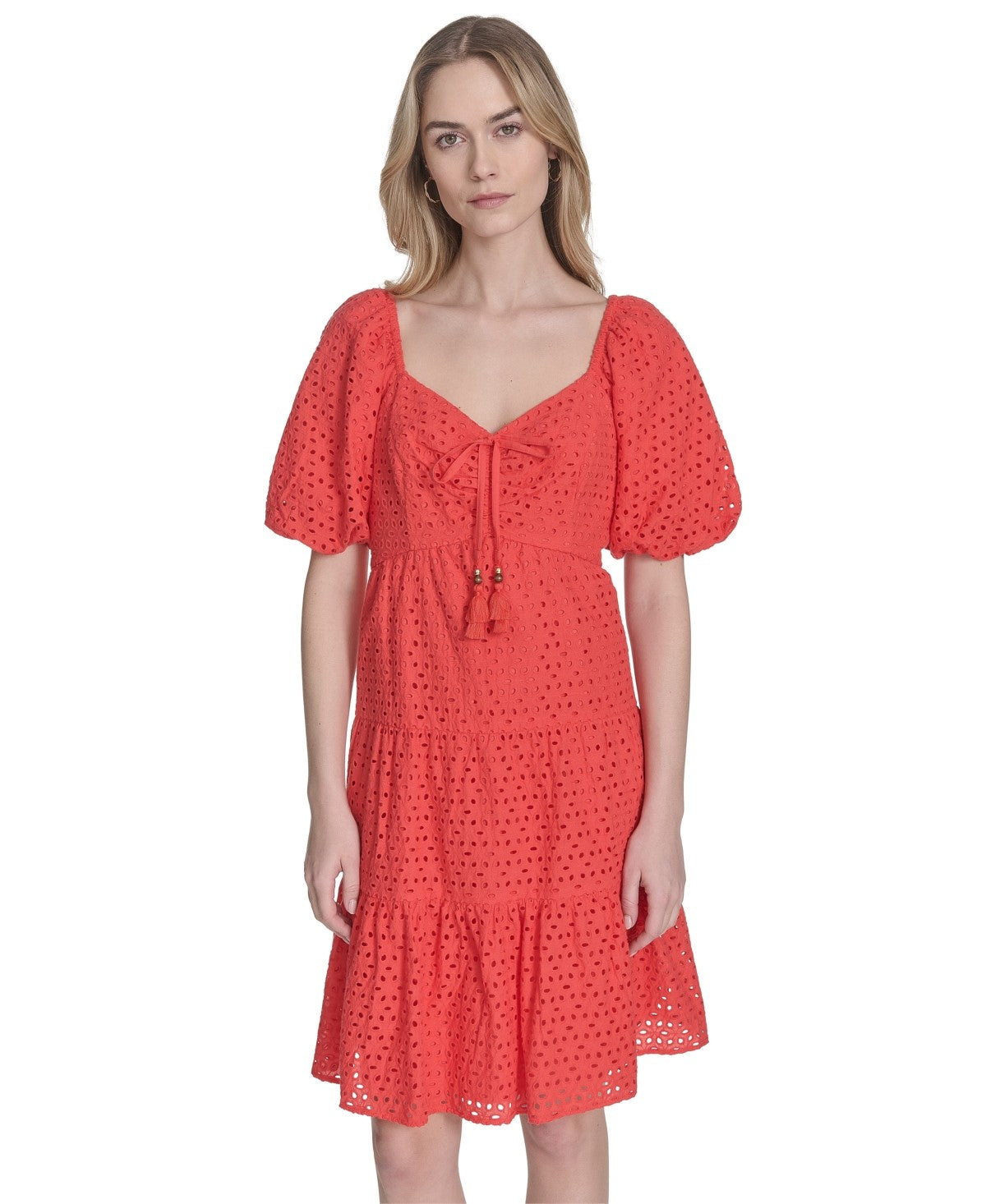 Vince Camuto Size 10 V-Neck Short-Puff-Sleeve Eyelet Dress